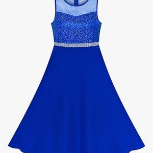 Blue Girls' Sleeveless Sequin Bodice Party Dress